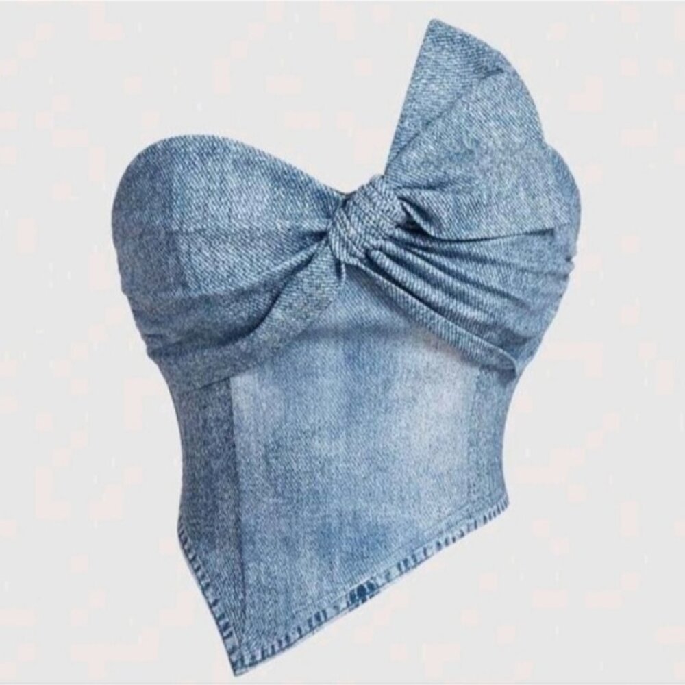 Summer Stretchy Knit Denim Print Strapless Crop Top With Bust Ruching